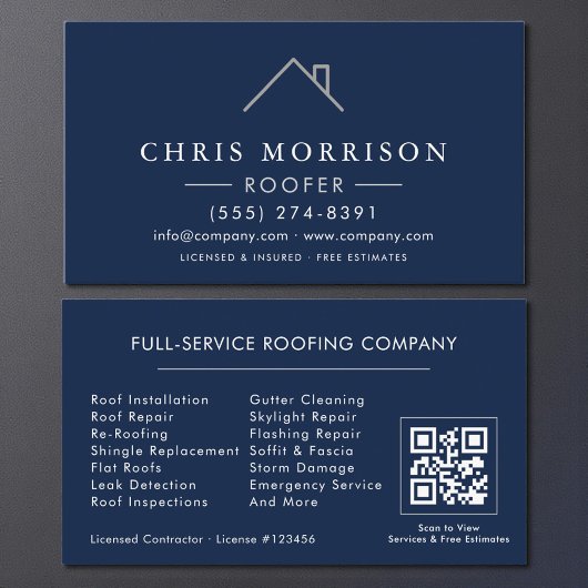 Modern Roofer Navy Blue Silver QR Code Visitenkarte