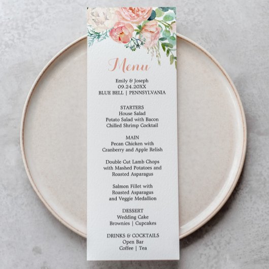 Modern rosa Blush Tropical Floral Dinner Menu Card Einladung
