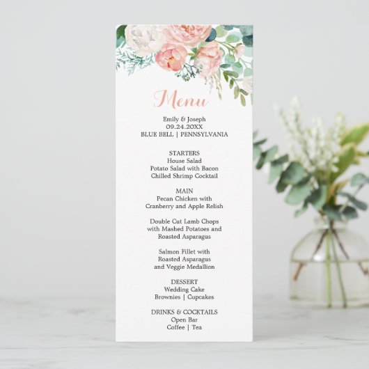 Modern rosa Blush Tropical Floral Dinner Menu Card Einladung (Stehend Vorderseite)
