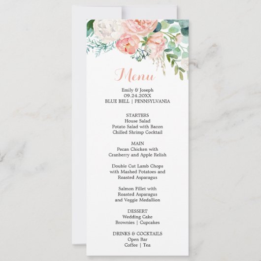Modern rosa Blush Tropical Floral Dinner Menu Card Einladung (Vorderseite)