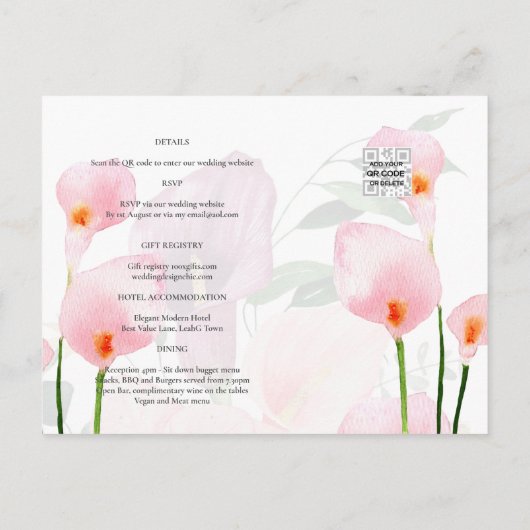 Modern rosa Calla Lily Wedding Rett Date QR Code Postkarte (Rückseite)