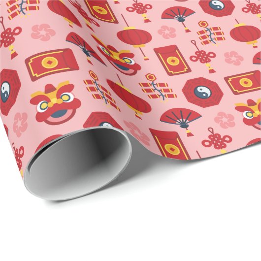 Modern rosa Chinesische Neujahrssymbole Geschenkpapier (Rolleneckpunkt)