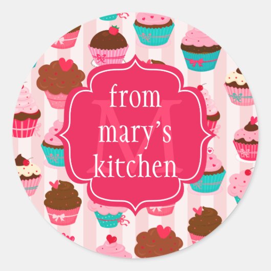 Modern rosa Cupcakes - Mit Monogramm Lebensmittele Runder Aufkleber (Vorderseite)