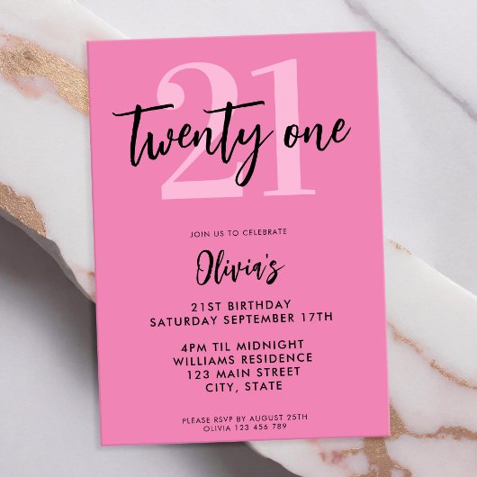 Modern rosa Elegant 21. Geburtstag Einladung