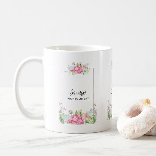 Modern rosa, florale Rahmenfarben Kaffeetasse (Mit Donut)
