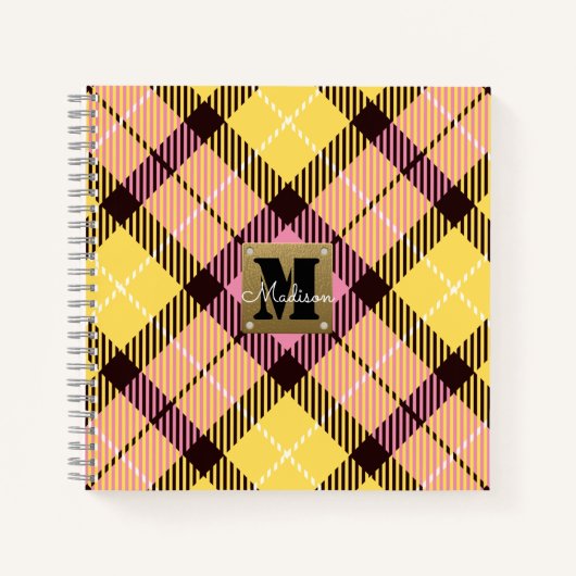 Modern rosa gelb Kariertes Tartan Leder Monogramm Notizblock (Vorderseite)