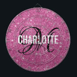Modern rosa Glitzer Monogramm-Namenskarte Dartscheibe<br><div class="desc">Moderne rosa Glitzer Dartboard mit weißem Typografie-Namen und schwarzem Monogramm. Personalisieren Sie mit Name und Initial.</div>