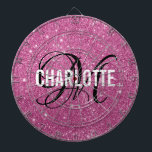 Modern rosa Glitzer Monogramm-Namenskarte Dartscheibe<br><div class="desc">Moderne rosa Glitzer Dartboard mit weißem Typografie-Namen und schwarzem Monogramm. Personalisieren Sie mit Name und Initial.</div>