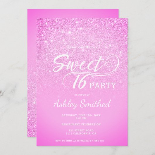 Modern rosa Glitzer ombre glam Sweet 16 Einladung (Vorne/Hinten)