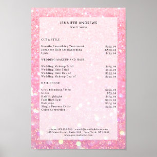 Modern, rosa Glitzer Salon Preisliste Poster