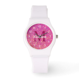Modern rosa Glitzer Sparkle Monogram Personalisier Armbanduhr