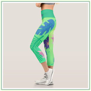 Modern rosa grün und Lila tropisch  Capri Leggings