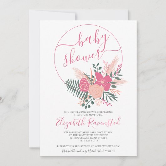 Modern rosa grüner Blumenstrauß Schriftart Babydus Einladung (Vorderseite)