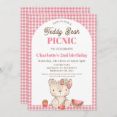 Modern rosa Kariert Arch Teddy Bear Picnic Geburts Einladung (Vorne/Hinten)