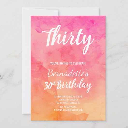 Modern rosa Korallenwasserfarbe ombre 30. Geburtst Einladung (Vorderseite)