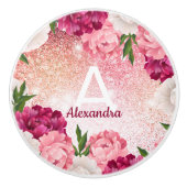 Modern rosa Monogram Glitzer Floral Keramikknauf (Vorderseite)