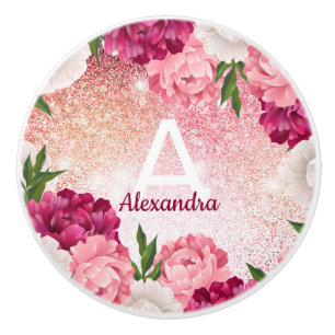 Modern rosa Monogram Glitzer Floral Keramikknauf