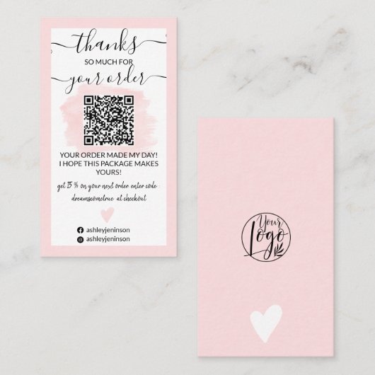 Modern rosa Pinselstrich Logo Qr Code Vielen Dank Visitenkarte (Vorne/Hinten)