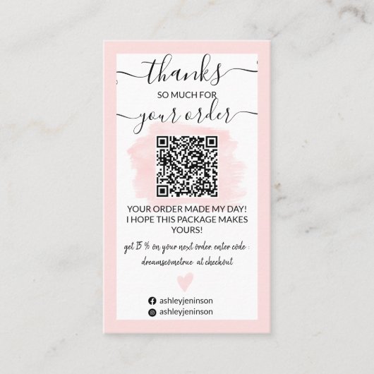 Modern rosa Pinselstrich Logo Qr Code Vielen Dank Visitenkarte (Vorderseite)