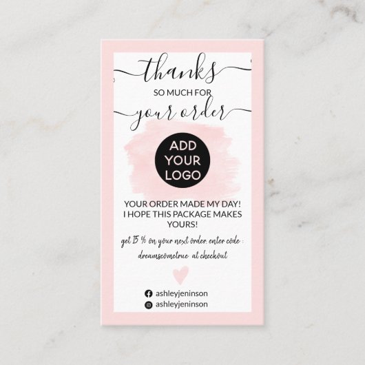 Modern rosa Pinselstrich Logo-Rand Vielen Dank Visitenkarte (Vorderseite)