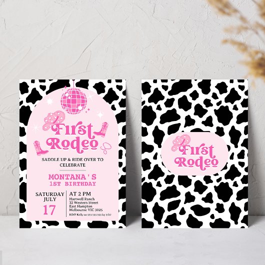Modern rosa Retro Cowgirl First Rodeo 1. Geburtsta Einladung