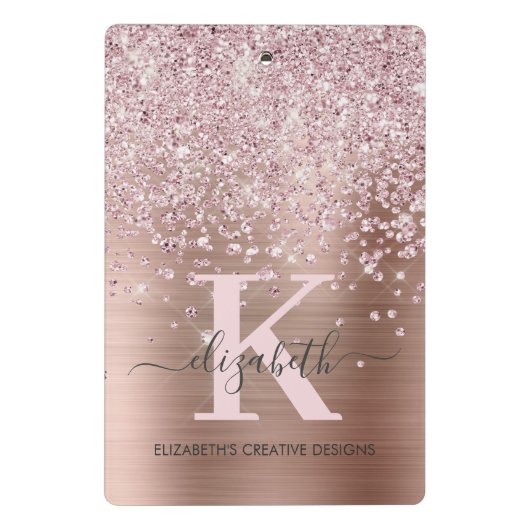 Modern rosa Rose Gold Diamant Glitzer Mit Monogram Mini Klemmbrett (Rückseite)