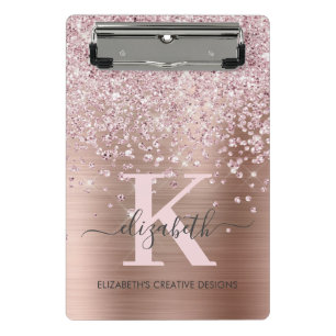 Modern rosa Rose Gold Diamant Glitzer Mit Monogram Mini Klemmbrett