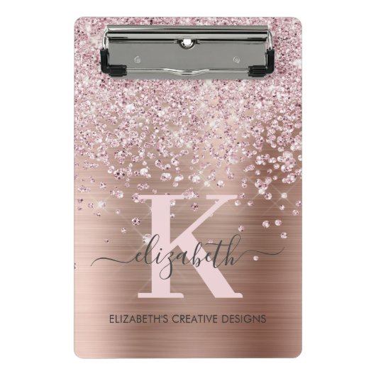 Modern rosa Rose Gold Diamant Glitzer Mit Monogram Mini Klemmbrett (Vorderseite)