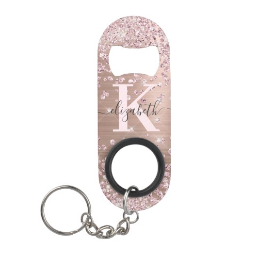 Modern rosa Rose Gold Glitzer Diamond Monogram Ke Mini Flaschenöffner (Vorderseite)