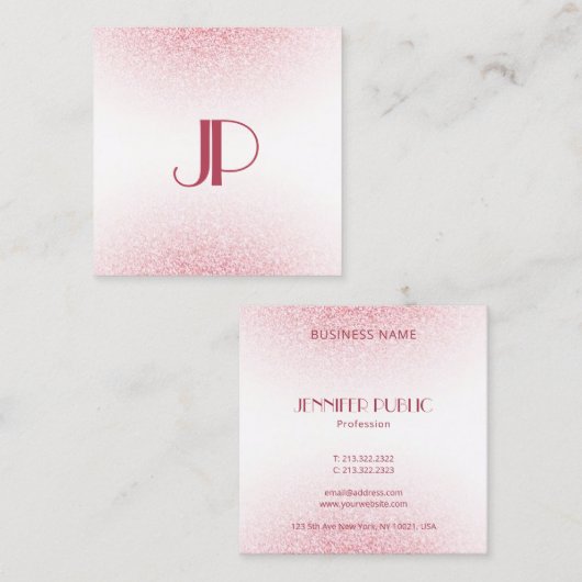 Modern rosa Rose Gold Glitzer Monogram Template Quadratische Visitenkarte (Vorne/Hinten)