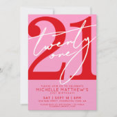 Modern rosa Rot 21. Geburtstag Einladung (Vorderseite)