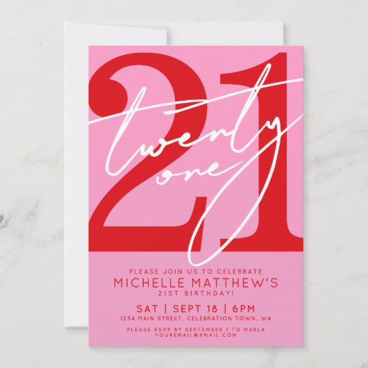 Modern rosa Rot 21. Geburtstag Einladung (Vorderseite)