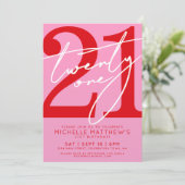 Modern rosa Rot 21. Geburtstag Einladung (Stehend Vorderseite)