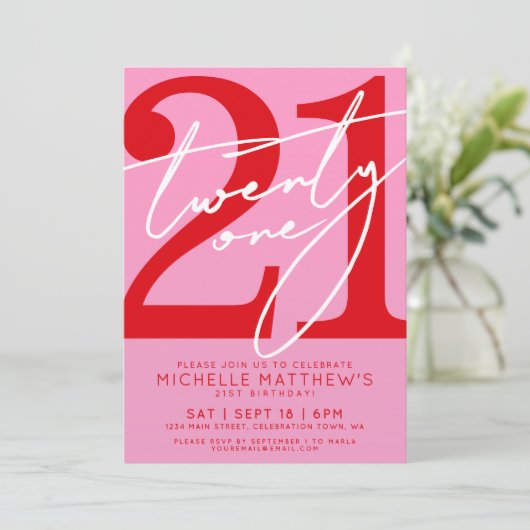 Modern rosa Rot 21. Geburtstag Einladung (Stehend Vorderseite)