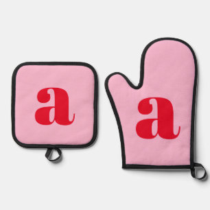 Modern rosa rotes Monogramm Initial Personalisiert Ofenhandschuh & Topflappen-Set