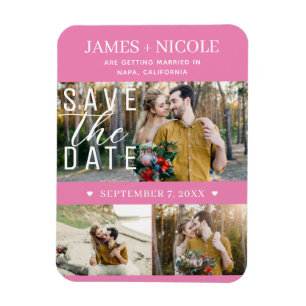 Modern rosa Save the Date Hochzeit 3 Fotos Magnet