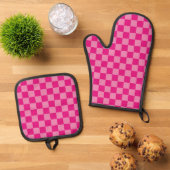 Modern rosa Schachbrett Ofenhandschuh & Topflappen-Set (Oben Unten)