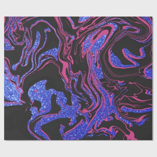 Modern rosa Schwarz Blau Glitzer Marmormuster Geschenkpapier (Flach)