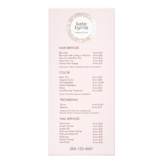 Modern rosa Sequel Salon Price List Service Menu Werbekarte (Vorne)
