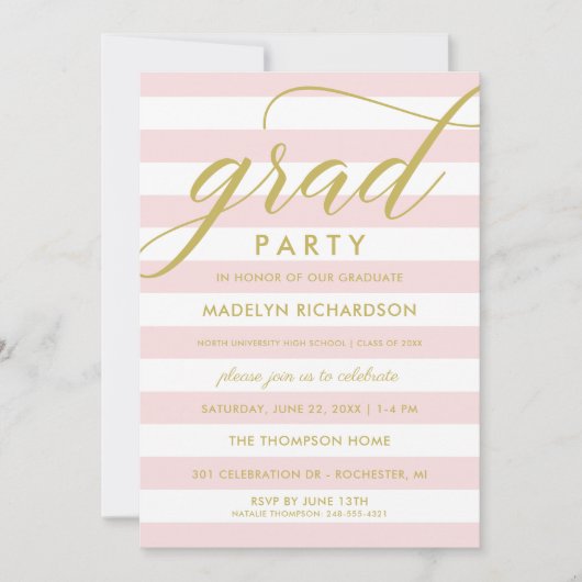 Modern rosa Streifen Gold Custom Grad Party Einladung (Vorderseite)
