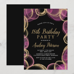 Modern Rosa und Gold Circle Black 18. Geburtstag Einladung