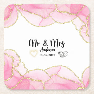 Modern Rosa und Gold Mr und Mrs Rechteckiger Pappuntersetzer