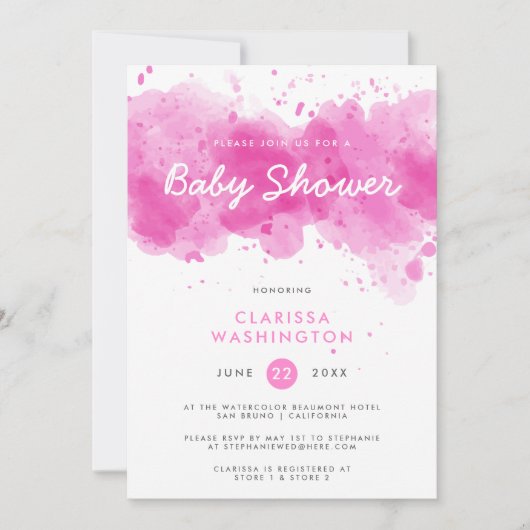Modern rosa Watercolor | Typografie-Kinderdusche Einladung (Vorderseite)