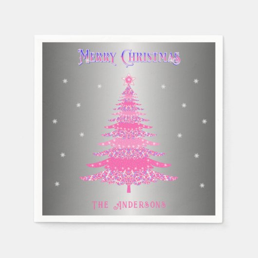 Modern rosa Weihnachtsbaum Individuelle Name Silbe Serviette (Vorderseite)