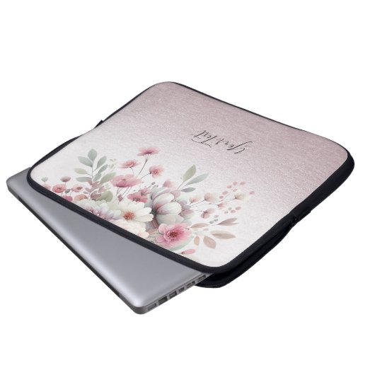Modern rosa, weißer, floraler Laptop-Sieb Laptopschutzhülle (Vorne Knopf)
