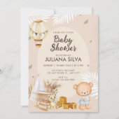 Modern rosa, weißer Teddybär Blumendesign Einladung (Vorderseite)