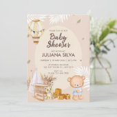 Modern rosa, weißer Teddybär Blumendesign Einladung (Stehend Vorderseite)