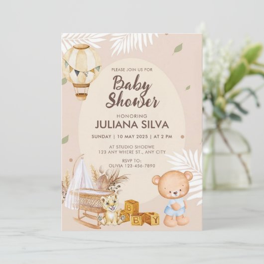 Modern rosa, weißer Teddybär Blumendesign Einladung (Stehend Vorderseite)