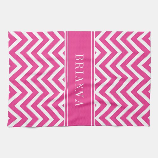 Modern rosa Zickzack Streifen Name Geschirrtuch (Horizontal)