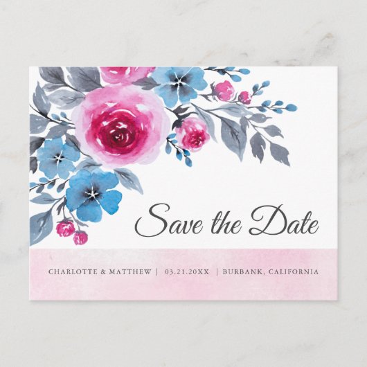 Modern rosafarbene Blütenfarbe Save the Date Ankündigungspostkarte (Vorderseite)